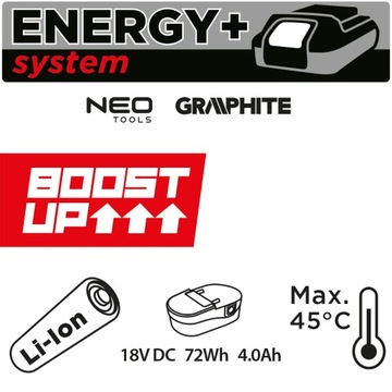 Литий-ионный аккумулятор Energy+ 18 В, 4,0 Ач BOOST UP GRAPHITE NEO Tools