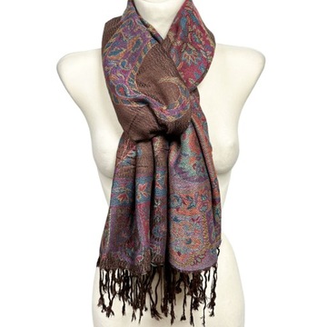 Szal z jedwabiem PASHMINA KOLOROWY z frędzlami damski elegancki Turecki