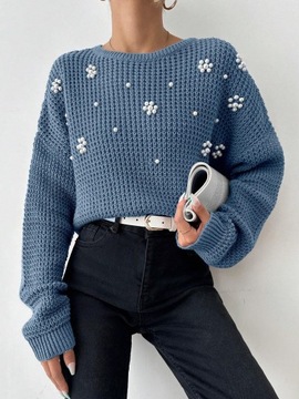 SHEIN СИНИЙ ТРИКОТАЖНЫЙ СВИТЕР С ЖЕМЧУГОМ L 33330