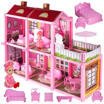 КУКОЛЬНЫЙ ДОМ + КУКЛА + МЕБЕЛЬ РОЗОВАЯ ВИЛЛА 5 КОМНАТ С ТЕРРАСОЙ