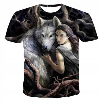 MĘSKA KOSZULKA T-SHIRT nadruk 3D kobieta wilk