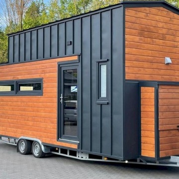 Tiny House całoroczny mobilny domek na kołach dwu spadowy z jedną sypialnią