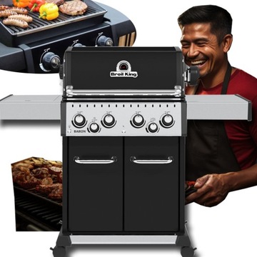 GRILL GAZOWY BROIL KING BARON 490 IR CZARNY SREBRNY 4 PALNIKI ROŻEN GRATIS
