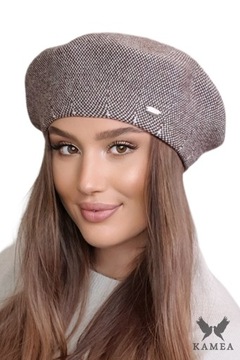 ARKADIA beret damski w pepitkę kolor brązowy, KAMEA