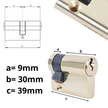 ЦИЛИНДР ОДНОСТОРОННИЙ ДВЕРНОЙ ЛАТУНЬ A&B 9/30 ЦИЛИНДР С 3 КЛЮЧАМИ