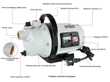 САДОВЫЙ ВОДЯНОЙ НАСОС NAC GPE80-L 800 Вт 3600 л/ч ДЛЯ ПОЛИВА ВСАСЫВАЮЩИЙ 7 M