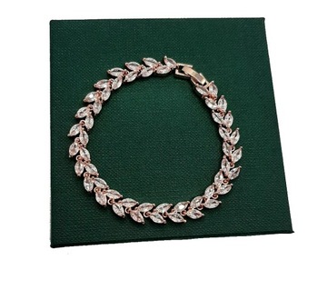BRANSOLETKA ŚLUBNA ZŁOTA ROSE GOLD LIŚCIE LISTKI CYRKONIE CUBIC DIAMENTOWA