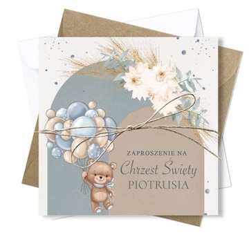Zaproszenia na Chrzest Święty Miś Niebieski Teddy Bear Boho Imię + Koperta