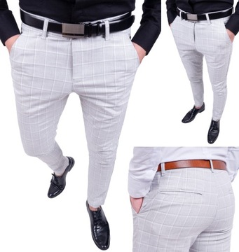 Spodnie męskie eleganckie białe szare w kratke 34