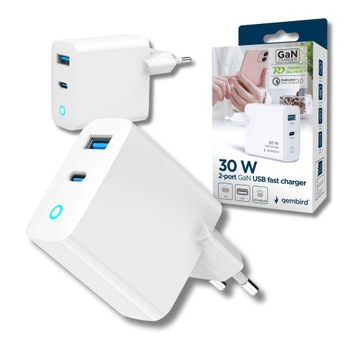 SZYBKA ŁADOWARKA SIECIOWA 1xUSB 1xUSB-C 20W LED GEMBIRD Biała