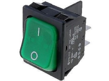Przełącznik kołyskowy ON-ON 31,5x25,2mm, 10A/250Vac, stały, 4piny. DPST, zielony