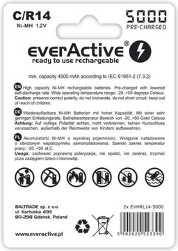 C/R14 everActive Ni-MH Ni-MH аккумуляторы профессиональной линейки 5000 мАч 2 шт.
