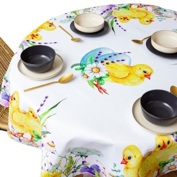 Obrus ŚWIĄTECZNY wielkanocny OKRĄGŁY biały 130 cm koło W JAJECZKA PISANKI
