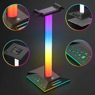 ПОДСТАВКА ДЕРЖАТЕЛЬ ДЛЯ НАУШНИКОВ RGB СВЕТОДИОДНАЯ ПОДСВЕТКА 2x USB
