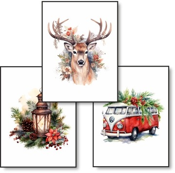 Święta BOHO zestaw 3 plakaty 21x30cm jeleń choinka Christmas obraz #350