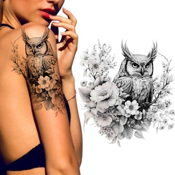 TATUAZ ZMYWALNY TYMCZASOWY SOWA LAS KWIATY TATUAZE WZORY NA RAMIĘ PLECY