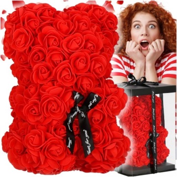 BEAR WITH ROSES RED 28cm BOX BOUQUET OF FLOWERS ORNAMENT GIFT FOR VALENTINE'S DAY