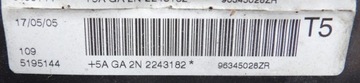 PEUGEOT 307 01-05 AIRBAG ULOŽENÍ ŘIDIČE 96345028ZR