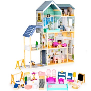 Domeček pro panenky velký dřevěný 138 cm Rezidence Maya 28 dílů Ecotoys