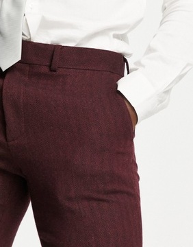 Bordowe obcisłe spodnie garniturowe we wzór w jodełkę W34 L32