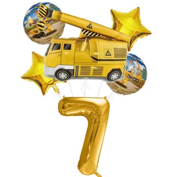 ZESTAW na 7 URODZINY balony MAŁY BUDOWNICZY dźwig