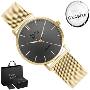 ZEGAREK DAMSKI Pierre Ricaud ZŁOTY MESH CIEMNA TARCZA elegancki + GRAWER