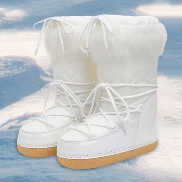 Zimowe buty śnieżne, zasznurowane białe buty narciarskie, anty