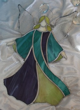 Anioł witrażowy Tiffany rozłożysty seledyn fiolet