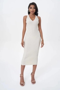 Women Sleeveless V-neck Rib Knitted Dress Stretcha