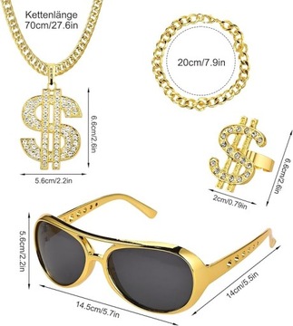 STRÓJ PRZEBRANIE LATA 90 GANGSTER ZŁOTY ŁAŃCUCH BRANSOLETA SYGNET OKULARY