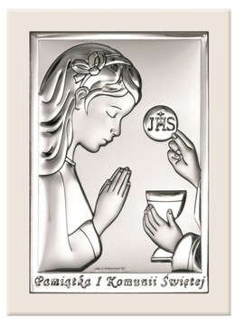 PAMIĄTKA I KOMUNII ŚWIĘTEJ Srebrny Obraz na Komunię dla dziewczynki GRAWER