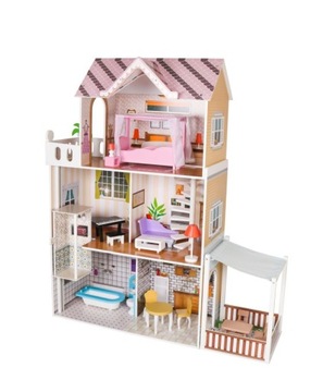 DUŻY Drewniany domek dla lalek 120cm 3 piętra WINDA + mebelki + OŚWIETLENIE