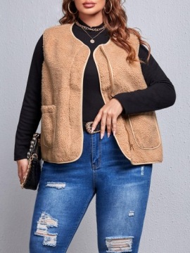 ЖИЛЕТ С КАРМАНАМИ, ПРЯМОЙ, НА МОЛНИИ СВЕТЛО-КОРИЧНЕВЫЙ МЕДВЕДЬ SHEIN 48