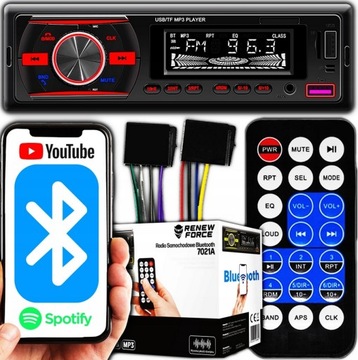 Radio Samochodowe Bluetooth 1-DIN USB AUX SD Mikrofon Pilot Bateria RGB