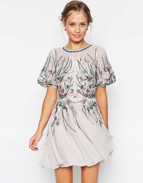 sukienka cekinowa mini liliowa zdobiona S 36