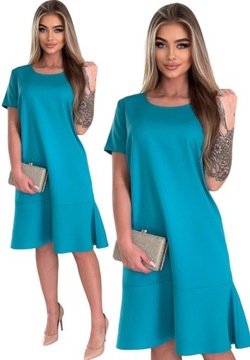 TURKUSOWA ELEGANCKA SUKIENKA Z FALBANKĄ NA WESELE KOMUNIE KOLORY M - 4XL
