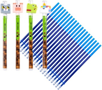 4 długopisy wymazywalne ścieralne KIDEA MINECRAFT + 20 wkładów ścieralnych