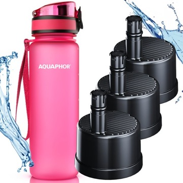 AQUAPHOR ZESTAW BIDON BUTELKA FILTRUJĄCA WODĘ RÓŻ 0,5L + 3x FILTR CITY