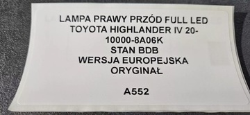 SVĚTLO PRAVÝ PŘEDNÍ FULL LED TOYOTA HIGHLANDER IV