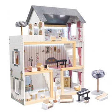 DOMEK DLA LALEK DREWNIANY MDF + MEBELKI 78CM CZARNY LED