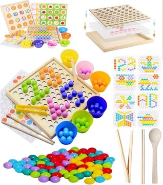 Drewniane kolorowe kulki - klocki Montessori + GRA