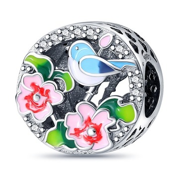 Zawieszka SREBRO 925 Charms Koralik Kwiaty Ptak