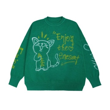 Japanese Knitted Sweater Men Cartoon Cat Graffiti