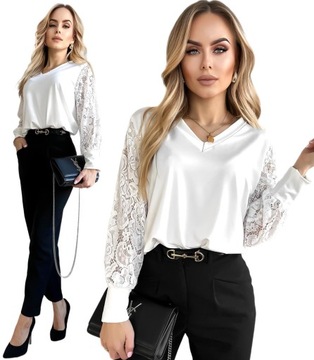 ELEGANCKA BLUZKA DAMSKA rękaw koronka dekolt v modna stylowa PLUS SIZE