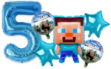 6 SZTUK BALONÓW MINECRAFT BALON STEVE 66 CM cyfra 5 pięć piąte URODZINY