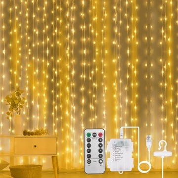 Kurtyna świetlna LED, 3×3 m, 300 diod LED, 8 trybów, zdalne sterowanie