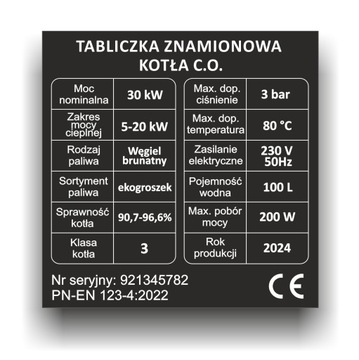 Tabliczka znamionowa na piec, kocioł grzewczy c.o.