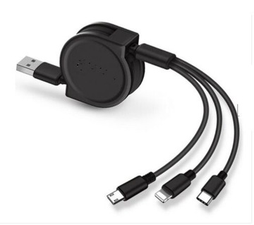 KABEL 3W1 wysuwany IPHONE MICRO-USB USB-C 3A