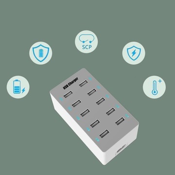 ЗАРЯДНАЯ СТАНЦИЯ С 10 ПОРТАМИ USB 50 Вт + СЕТЕВОЙ КАБЕЛЬ ДЛИНОЙ 1,4 М