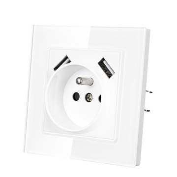 GNIAZDO SZKLANE Z BOLCEM POJEDYNCZE BIAŁE 2x USB